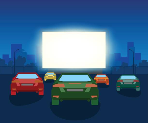 Vector Car Open Air Cinema. Vintage Illustration With Cars And Night City Vector Car Open Air Cinema. Vintage Illustration With Cars And Night City, Romantic Event movie-theater-exterior stock illustrations