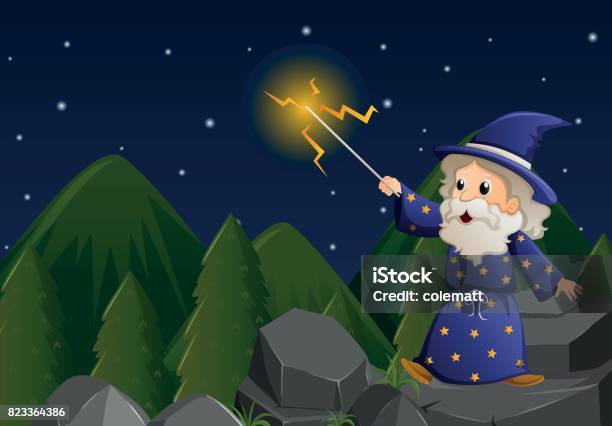 Old Wizard With Magic Wand On The Rock Stock Illustration - Download Image Now - Adult, Art, Australia