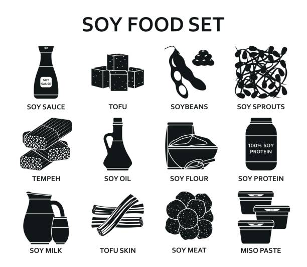 zestaw ikon sylwetki jedzenia soju - tofu skin stock illustrations