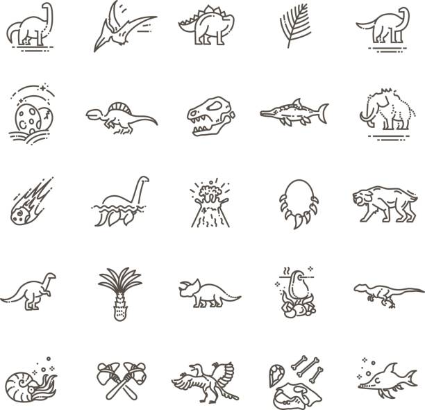 illustrazioni stock, clip art, cartoni animati e icone di tendenza di vettore icone dinosauro. icone di uova e vulcani di dinosauro, scheletro di dinosauro e tyrannosaurus - paleontologo
