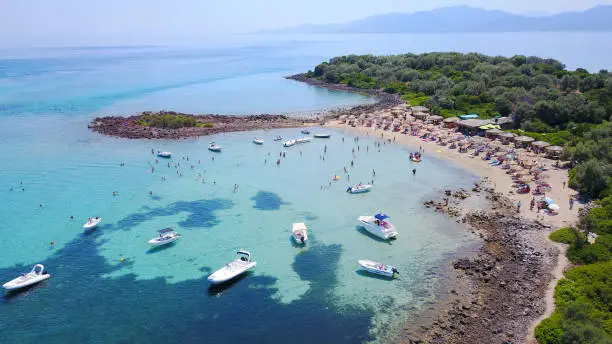 Photo of Aerial drone photo of Megali Strongili and Monolia islands exotic beaches with sapphire and turquoise clear waters, called the 