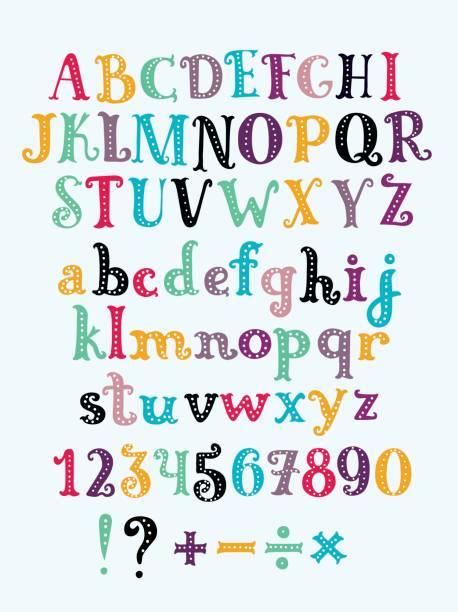 vektor niedlich alphabet bunte aufkleber alphabet mit anzahl und plus, minus, division, multiplikation, anführungszeichen, entspricht - child alphabetical order writing alphabet stock-grafiken, -clipart, -cartoons und -symbole