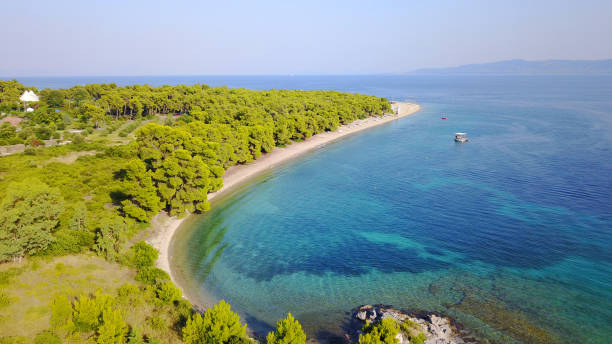Aerial drone photo of famous Gregolimano beach with turquoise clear waters, North Evoia gulf, Greece stock photo