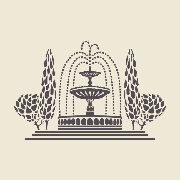 icon vintage park brunnen mit schritten und bäume - fountain stock-grafiken, -clipart, -cartoons und -symbole