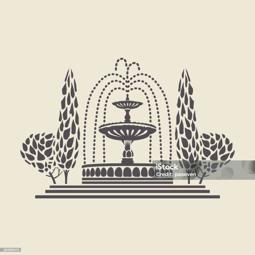 Icône vintage parc Fontaine avec étapes et arbres - clipart vectoriel de Fontaine libre de droits