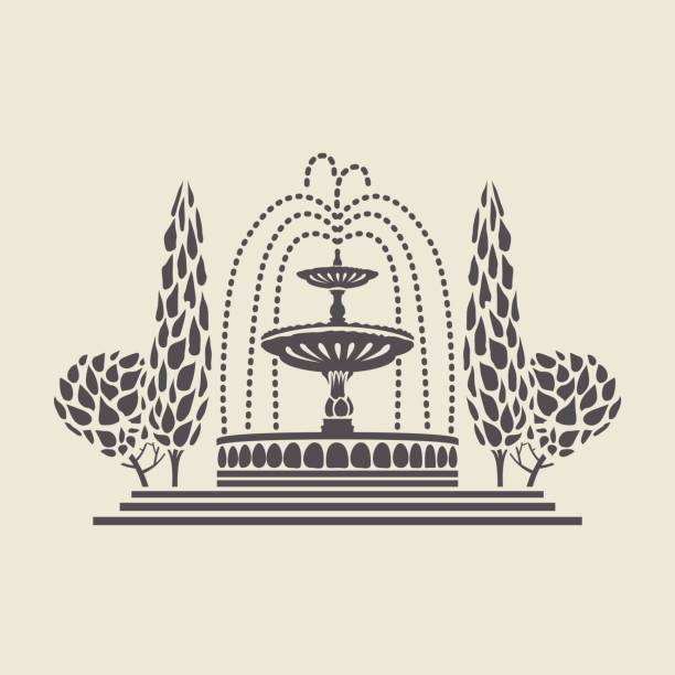 Icon vintage Park fountain with steps and trees Icon of a stylized vintage Park fountain with steps and trees. Flat vector isolated silhouette. fountains stock illustrations