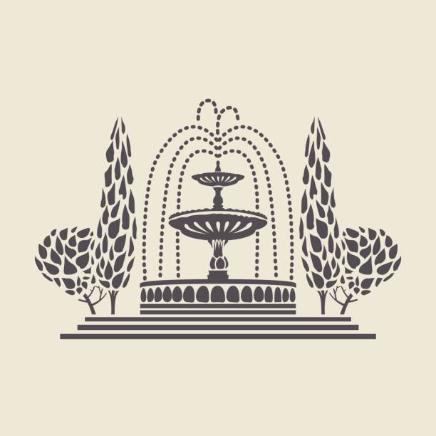 Icon vintage Park fountain with steps and trees Icon of a stylized vintage Park fountain with steps and trees. Flat vector isolated silhouette. fountain stock illustrations