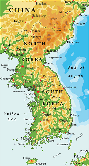 Highly detailed vector map of Korean peninsula with administrative regions,main cities and roads.