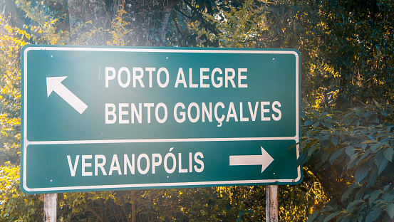 Road Sign Showing the City of Porto Alegre, Bento Gonçalves and Veranópolis. South of Brazil, Rio Grande do Sul.
