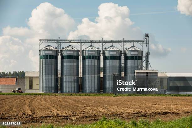 Elevator To Store Grain In A Field On Farmland Stock Photo - Download Image Now - Feeding, Factory, Mill