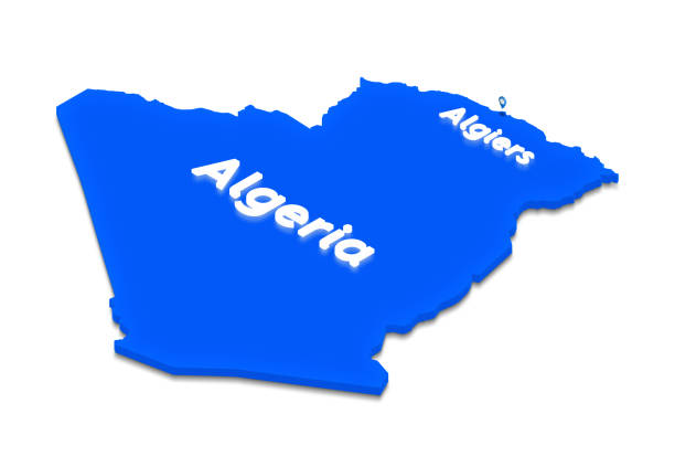 Illustration of a blue ground map of Algeria on white isolated background. Left 3D isometric perspective projection with the lighting name of country and capital Algiers.