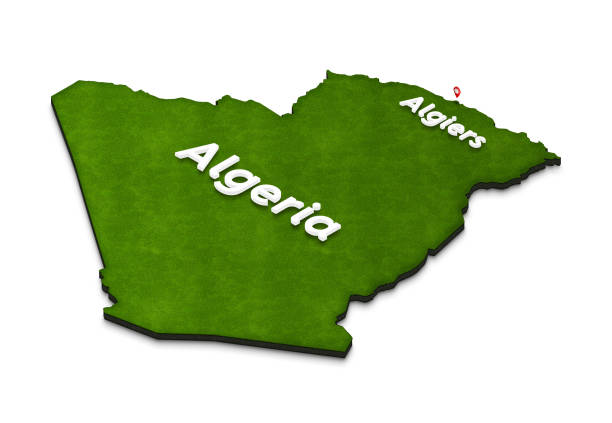 Illustration of a green ground map of Algeria on white isolated background. Left 3D isometric perspective projection with the name of country and capital Algiers.