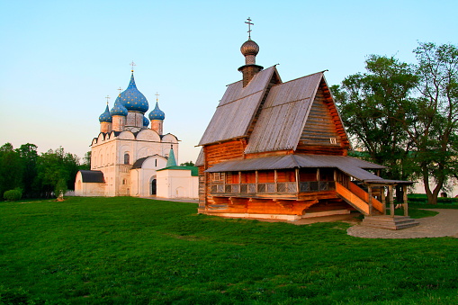 Russian Village old town landscape - Monastery and churches - Medieval Kremlin and Orthodox Cathedral of Nativity at sunrise – Ancient Suzdal typical idyllic russian village, cityscape panorama, Vladimir oblast, Golden Ring , Russia