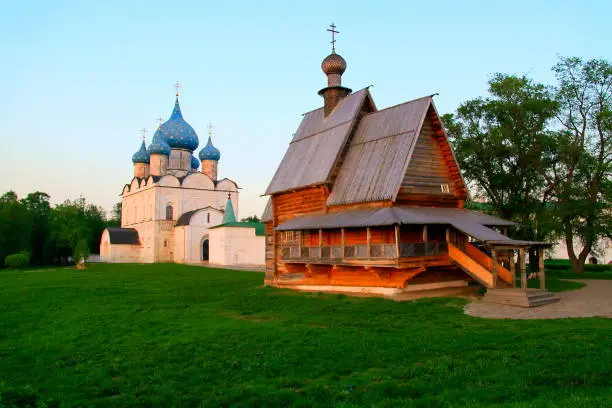 Russian Village old town landscape - Monastery and churches - Medieval Kremlin and Orthodox Cathedral of Nativity at sunrise – Ancient Suzdal typical idyllic russian village, cityscape panorama, Vladimir oblast, Golden Ring , Russia
