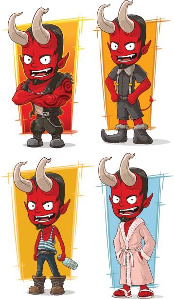 Cartoon Evil Red Devil With Big Horns Characters Vector Set Stock