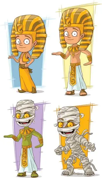 Vector illustration of Cartoon egyptian young pharaoh and mummy character vector set