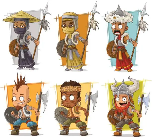 Vector illustration of Cartoon cool warriors with shield and spear character vector set