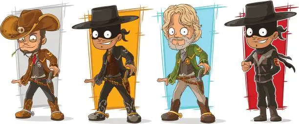 Vector illustration of Cartoon sheriff cowboy with pistol character vector set