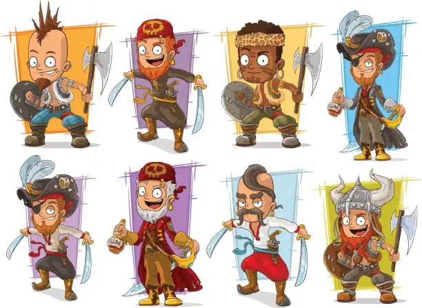 Vector illustration of Cartoon pirate warrior bandit with sword and axe character vector set