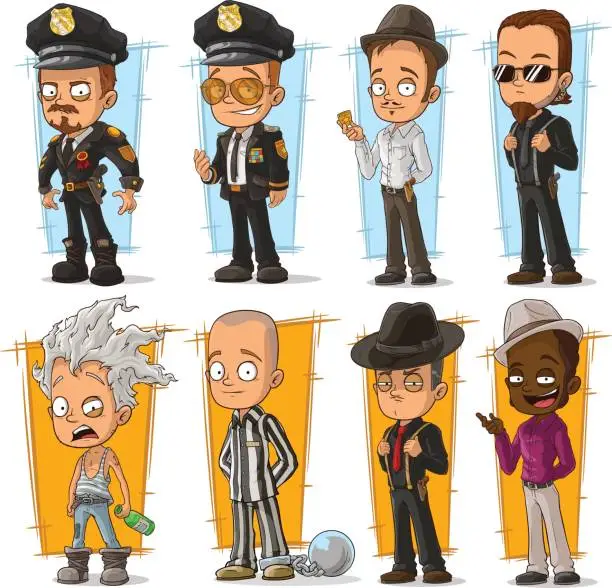 Vector illustration of Cartoon cool policeman and gangsters character vector set