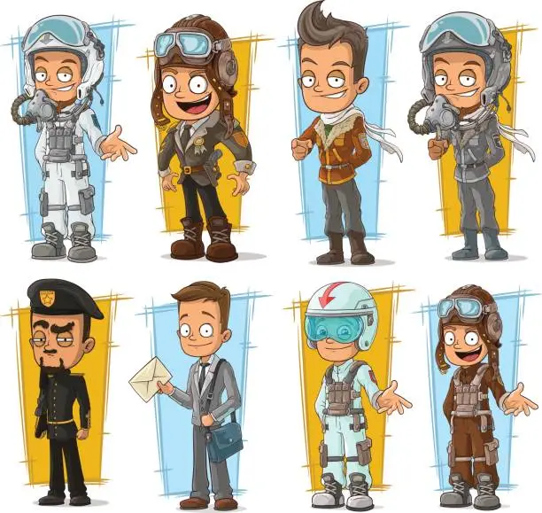 Vector illustration of Cartoon cool pilot and postman character vector set