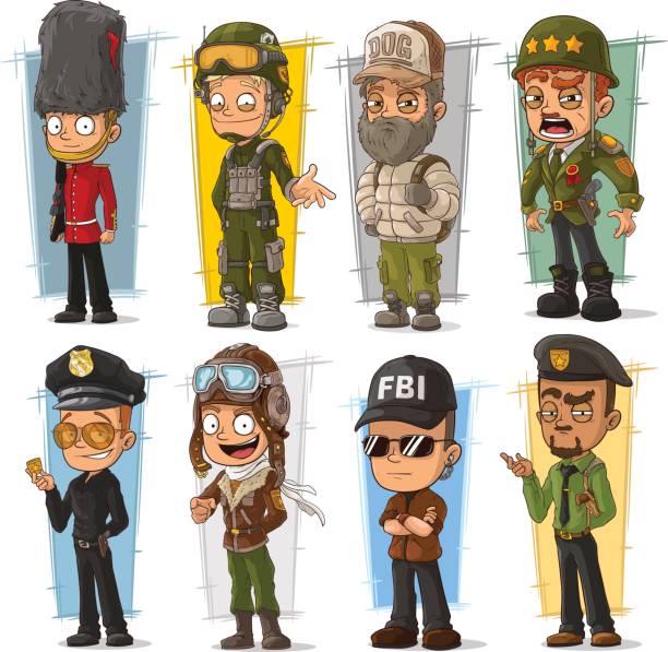 Cartoon soldier policeman agent and pilot character vector set Cartoon army soldier policeman secret agent and pilot character vector set gun holster stock illustrations