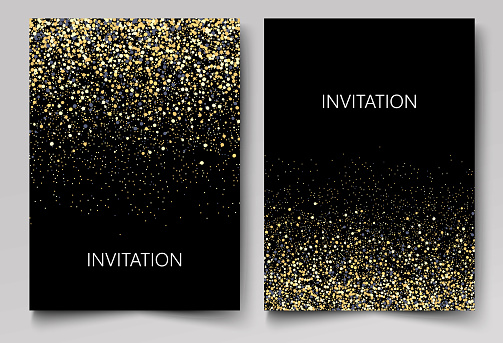 Invitation template with gold glitter confetti background. Festive greeting cards