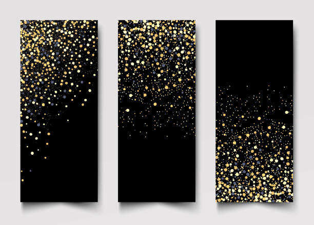 Vertical Black and Gold Banners Set, Greeting Card Design. Golden Dust Vertical Black and Gold Banners Set, Greeting Card Design. Golden Dust. Vector Illustration. Poster Invitation Template. gold dots border stock illustrations
