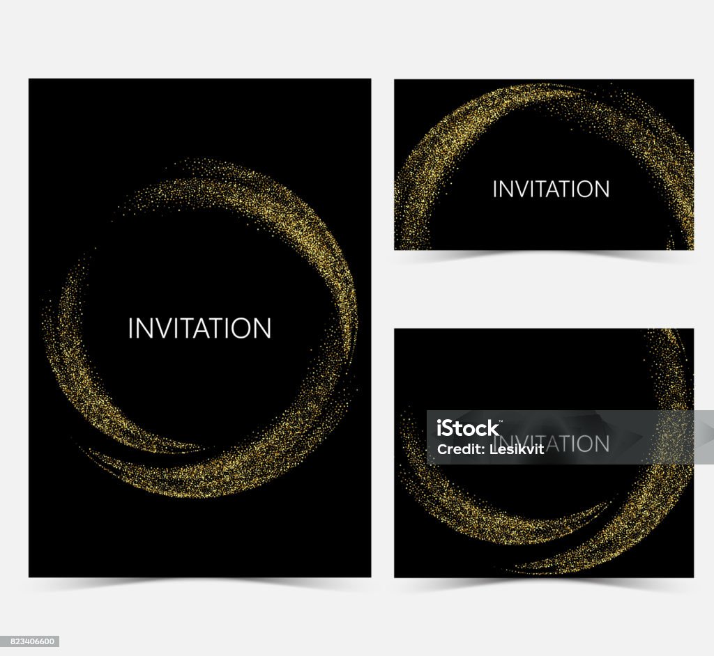 Template design invitations Template design invitations,greeting cards,greetings.Gold smooth wave in the form of a circle,gold glitters on a black background. Invitation stock vector