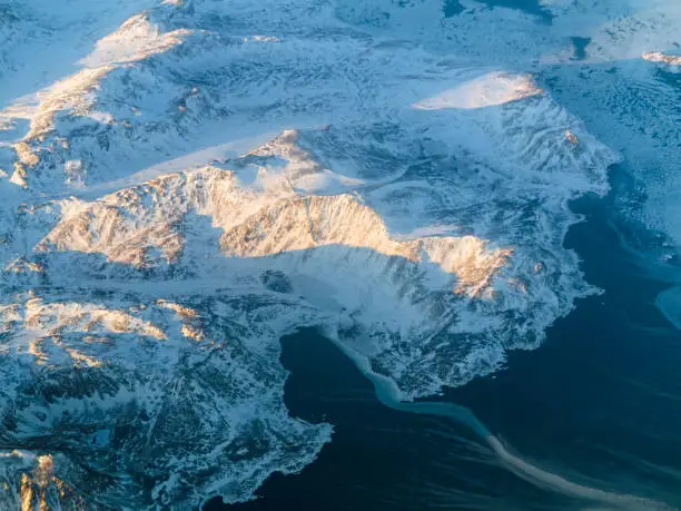 Aerial view of mountains in a winter landscape in Labrador, Canada.