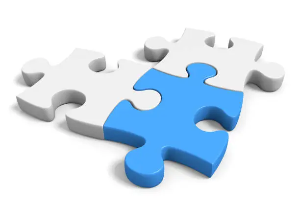 Three white and blue pieces of a puzzle rendered in 3D over a plain white background.