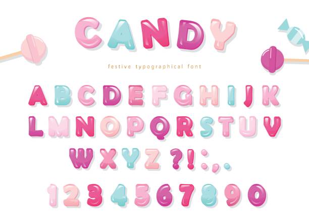 ilustraciones, imágenes clip art, dibujos animados e iconos de stock de diseño de fuente brillante de caramelo. rosa pastel y azul abc letras y números. dulces para las niñas. - valentine candy