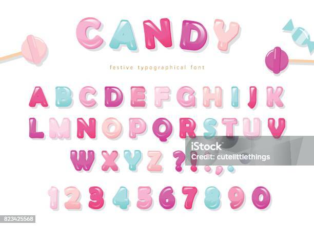 Candy Glossy Font Design Pastel Pink And Blue Abc Letters And Numbers Sweets For Girls Stock Illustration - Download Image Now