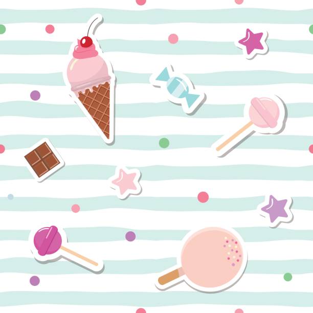 Festive seamless pattern with cute stickers on striped background. For birthday and scrapbook design. Festive seamless pattern with cute stickers on striped background. For birthday and scrapbook design. Vector melting girl stock illustrations