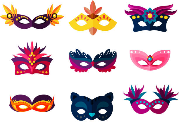 stockillustraties, clipart, cartoons en iconen met authentieke handgemaakte venetiaanse beschilderde carnaval gezichtsmaskers partij decoratie maskerade vectorillustratie - masker