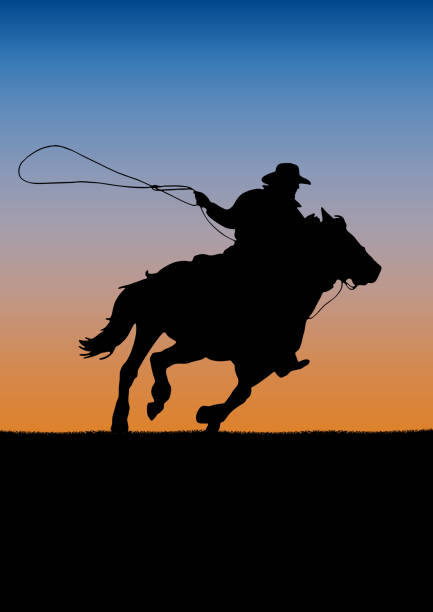 rodeo-wettbewerb-turnier, sonnenuntergang hintergrund.  plakat-cowboy und lasso auf pferd - rodeo lasso cowboy horse stock-grafiken, -clipart, -cartoons und -symbole