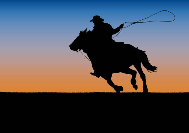 ilustraciones, imágenes clip art, dibujos animados e iconos de stock de torneo competencia de rodeo, fondo puesta de sol.  vaquero de cartel y lazo en el caballo - rodeo cowboy horse silhouette