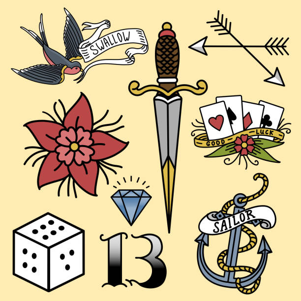 Old school vintage retro tattoo ink art style hand drawn tattooing symbol traditional graphic drawing vector illustration Old school vintage retro tattoo ink art style hand drawn tattooing symbol traditional graphic drawing vector illustration. Hipster classic decorative print. poker card tattoos stock illustrations