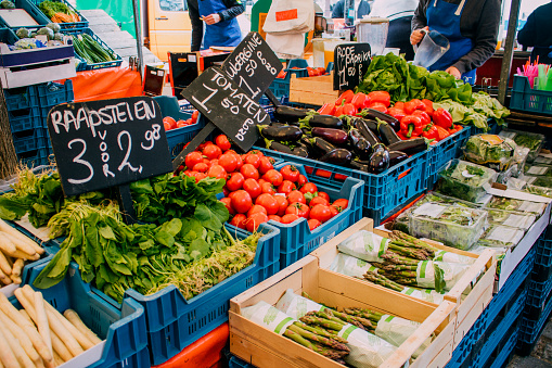 Green beans, beetroot, broccoli and other vegetables for sale at a market