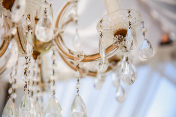 Close up crystal chandelier on the ceiling