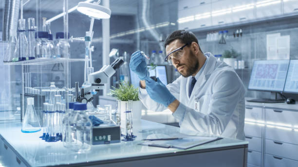 in a modern laboratory research scientist conducts experiments by synthesising compounds with use of dropper and plant in a test tube. - smiling research science and technology clothing imagens e fotografias de stock