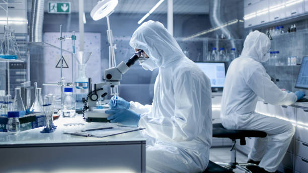 In a Secure High Level Laboratory Scientists in a Coverall Conducting a Research. Biologist Adjusts Samples in a  Petri Dish with Pincers and Examines Them Under Microscope and His Colleague Analyzes Results on a Computer.
