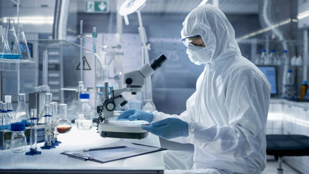 istock In a Secure High Level Laboratory Scientists in a Coverall Conducting a Research. Biologist Adjusts Samples in a Petri Dish with Pincers and Examines Them Under Microscope. 823447778