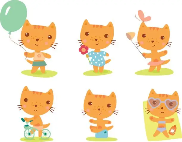 Vector illustration of set of cartoon kitty character activities