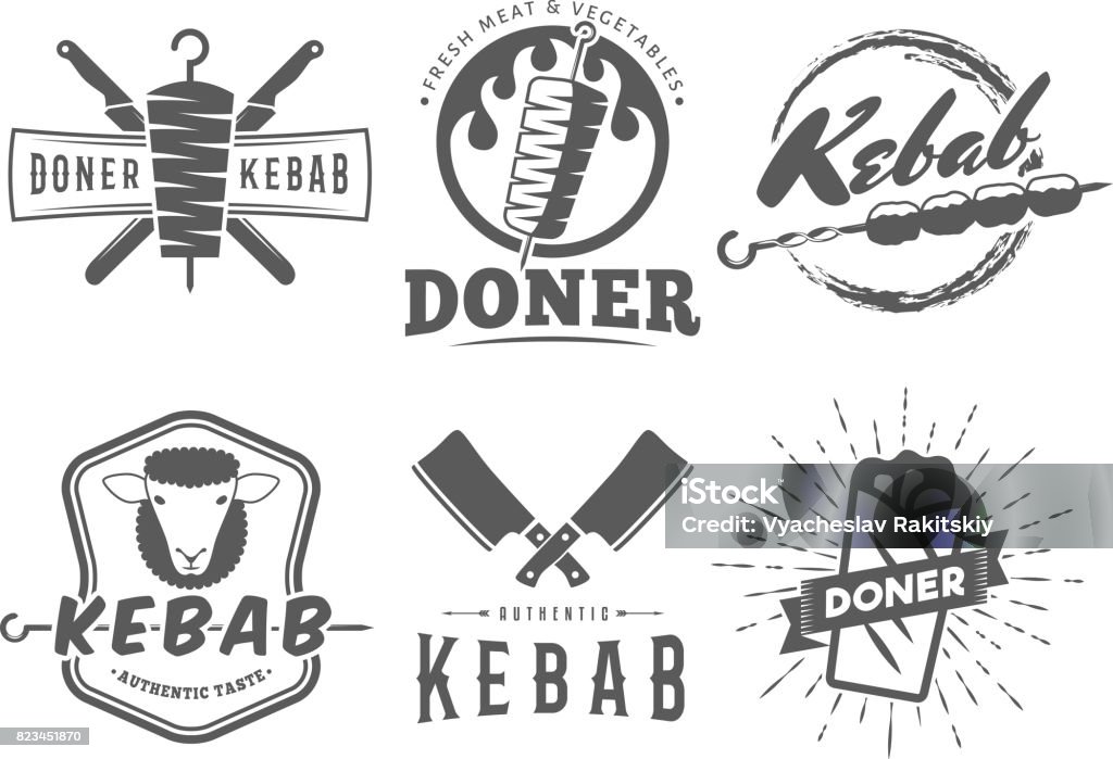 Doner kebab symbols. Doner kebab symbols. Vector kebab badges with traditional eastern grill dishes. Vintage labels for restaurant or bar. Kebab stock vector