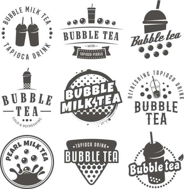 Vector bubble tea symbols. Vector bubble tea symbols. Set of pearl tea labels. Popular asian drink badges milk tea logo stock illustrations