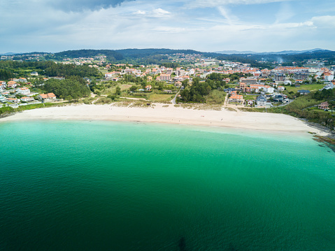 Aerial view of an empty beach in Portonovo in the Ria de Pontevedra, Spain.