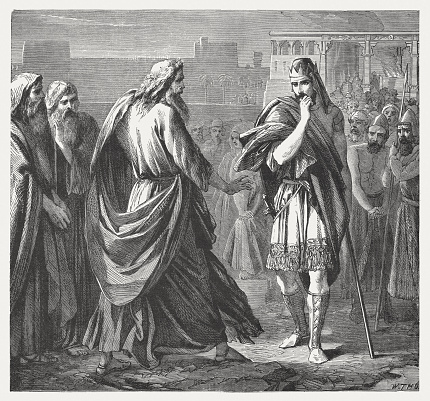 Then Samuel said to Saul, “You have made a foolish choice! You have not obeyed the commandment that the Lord your God gave you. Had you done that, the Lord would have established your kingdom over Israel forever! (1 Samuel 13, 13). Wood engraving, published in 1886.