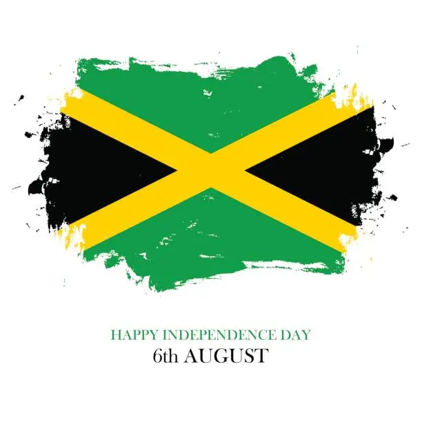 Vector illustration of Jamaica Happy Independence Day, 6 august greeting card with brush stroke in jamaican national flag colors.