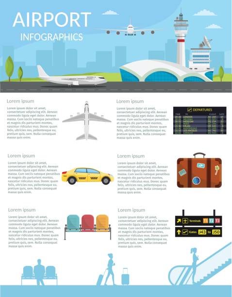 Airport passenger terminal and waiting room. International arrival departures background vector illustration airplane of infographic Airport passenger terminal and waiting room. International arrival departures background vector illustration airplane of infographic airport designs stock illustrations